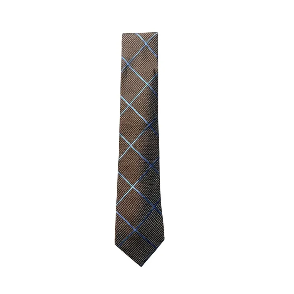 Ted Baker London Brown & Blue Plaid Check 100% Silk Necktie